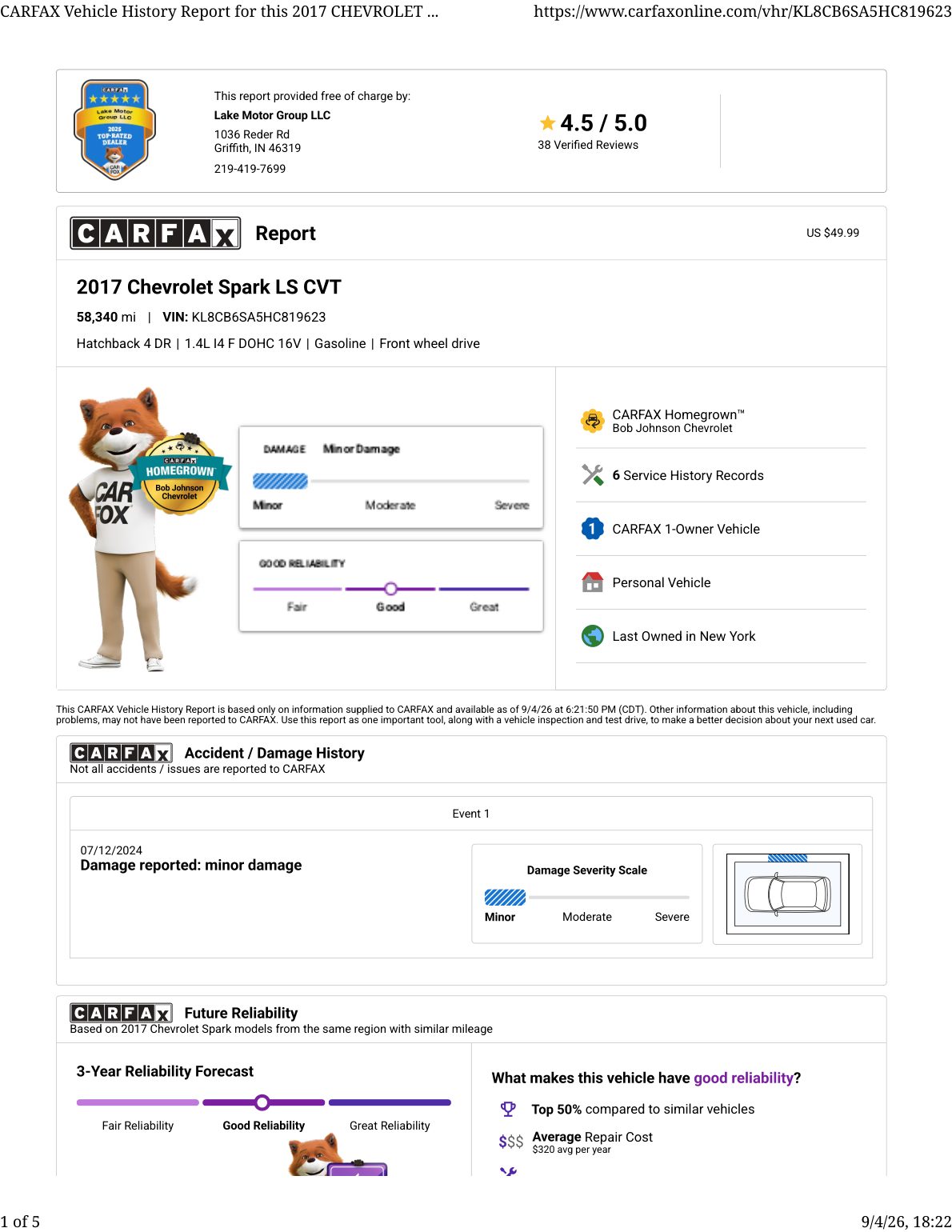 CARFAX vehicle history report — first page