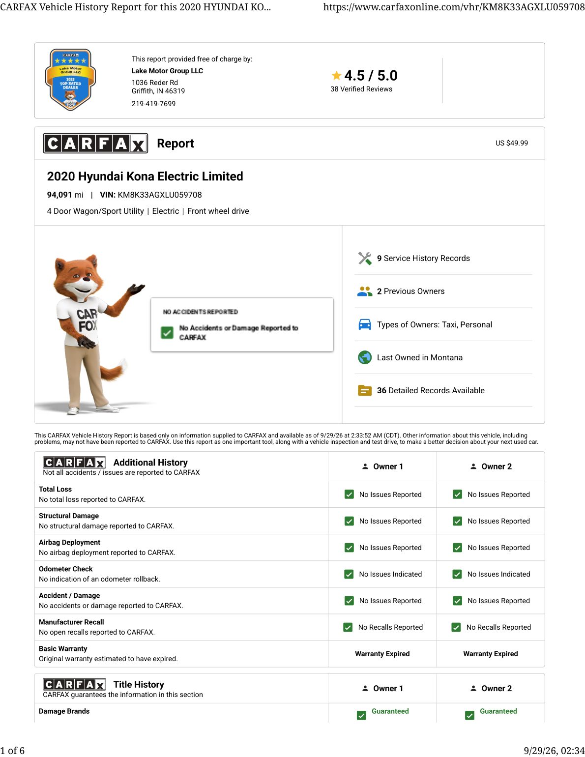 CARFAX vehicle history report — first page