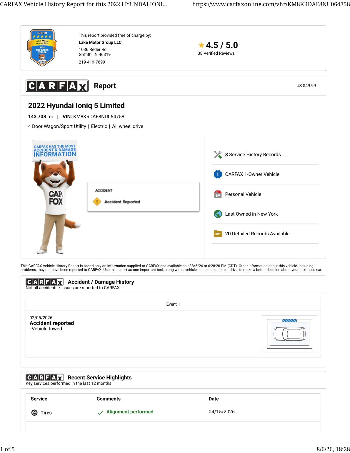 CARFAX vehicle history report — first page