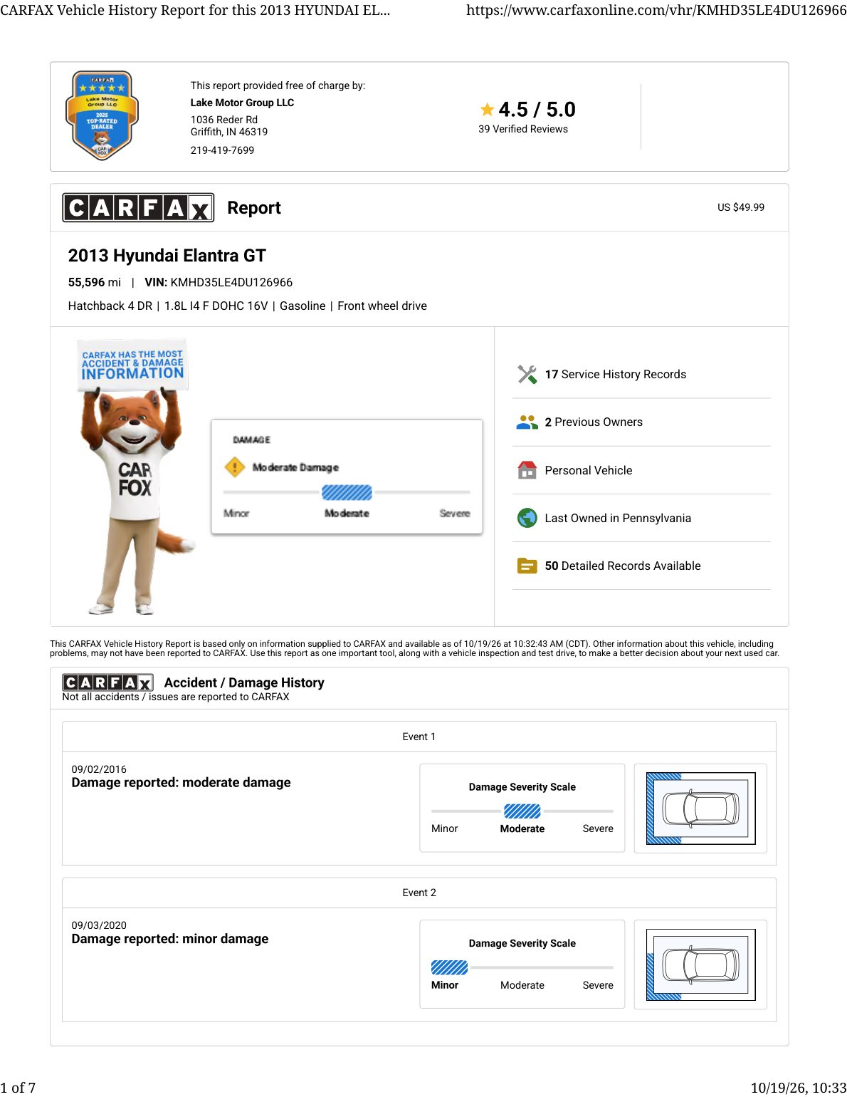 CARFAX vehicle history report — first page