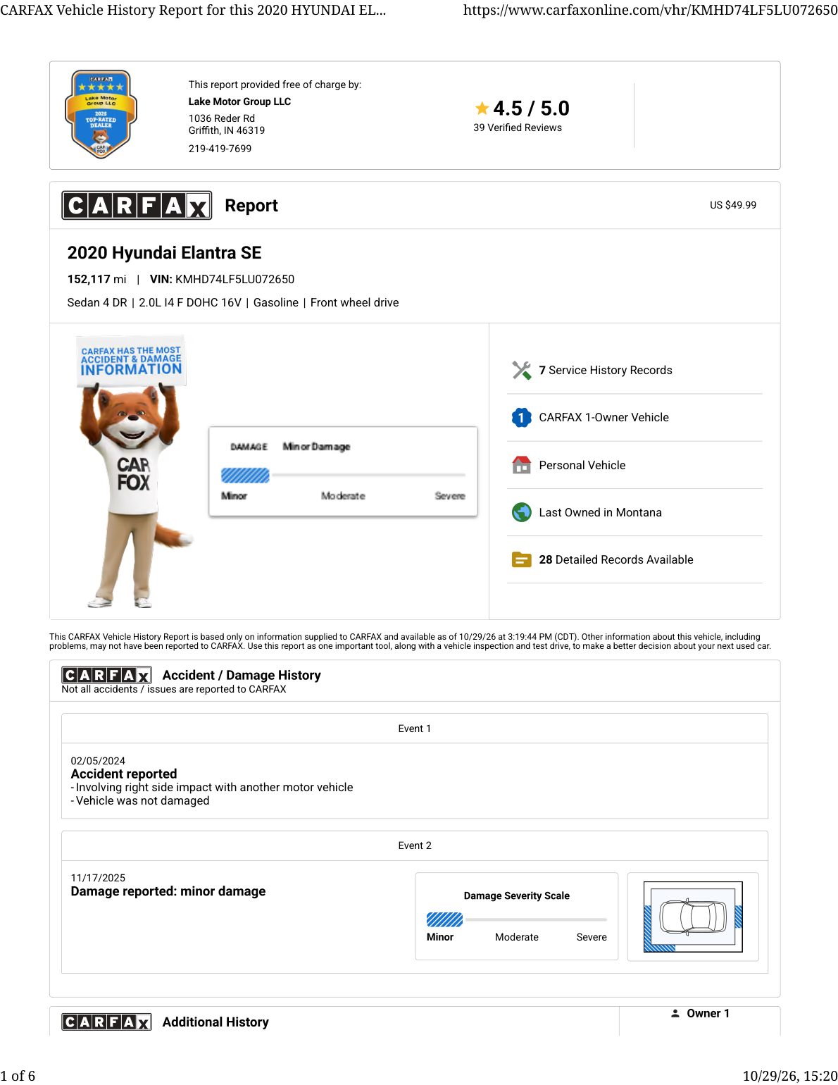 CARFAX vehicle history report — first page
