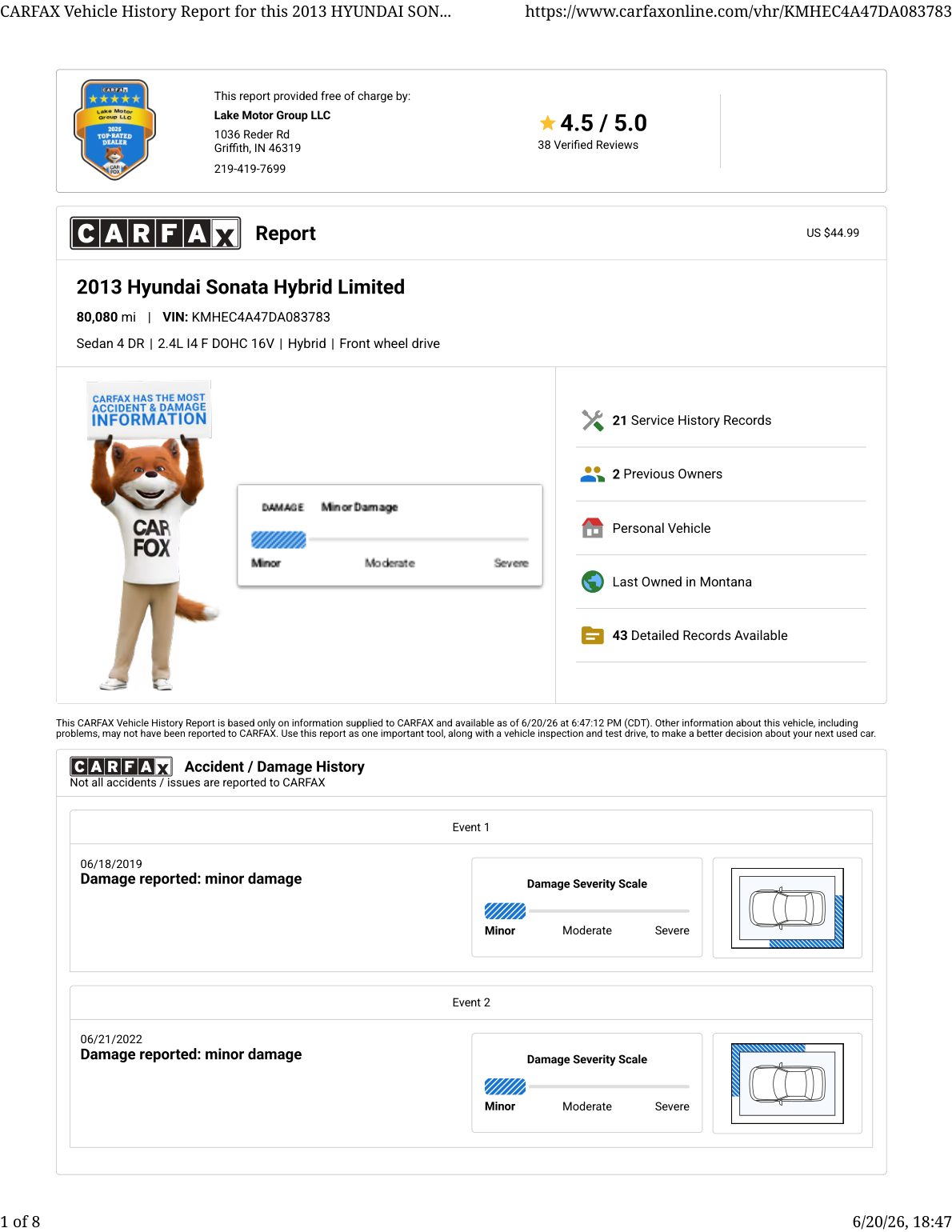 CARFAX vehicle history report — first page