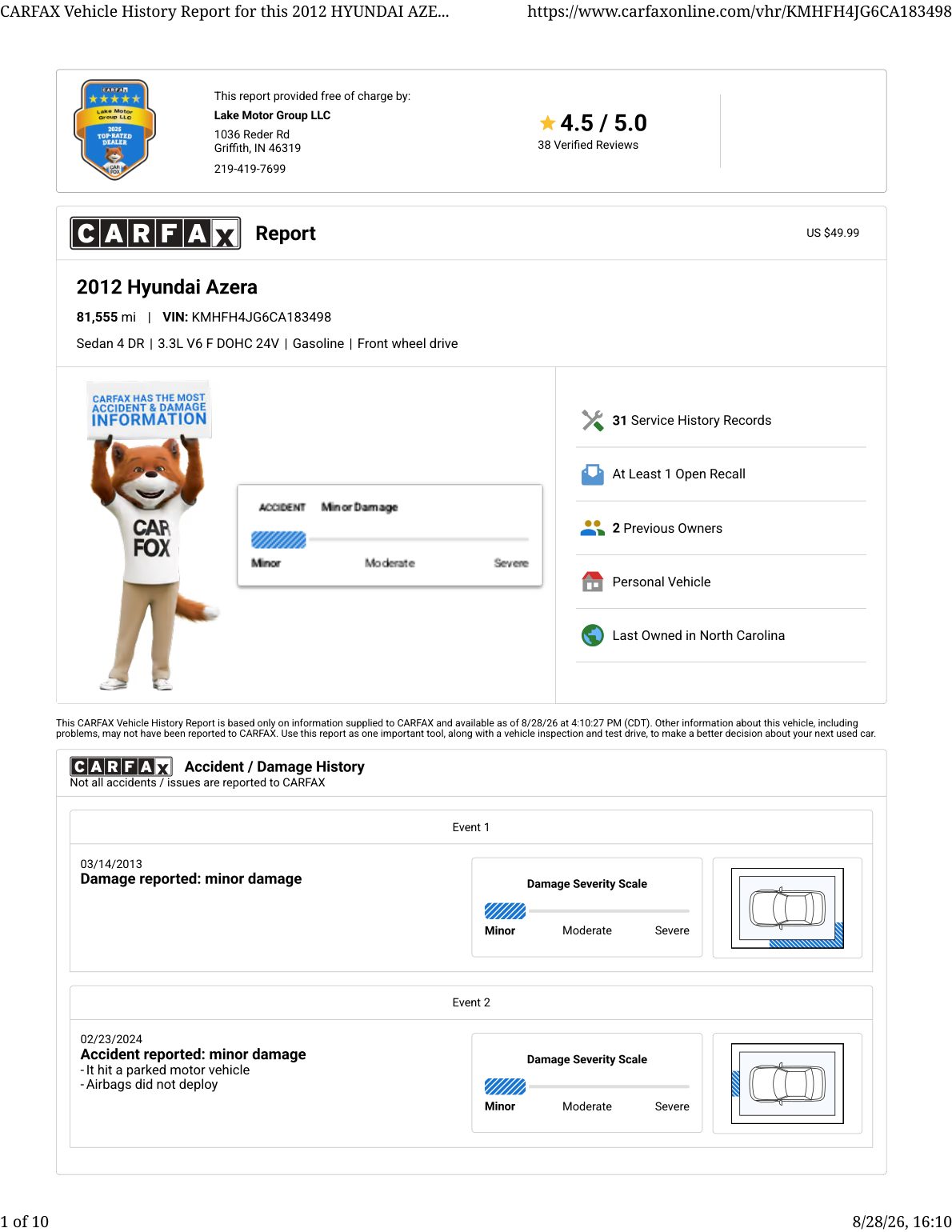 CARFAX vehicle history report — first page