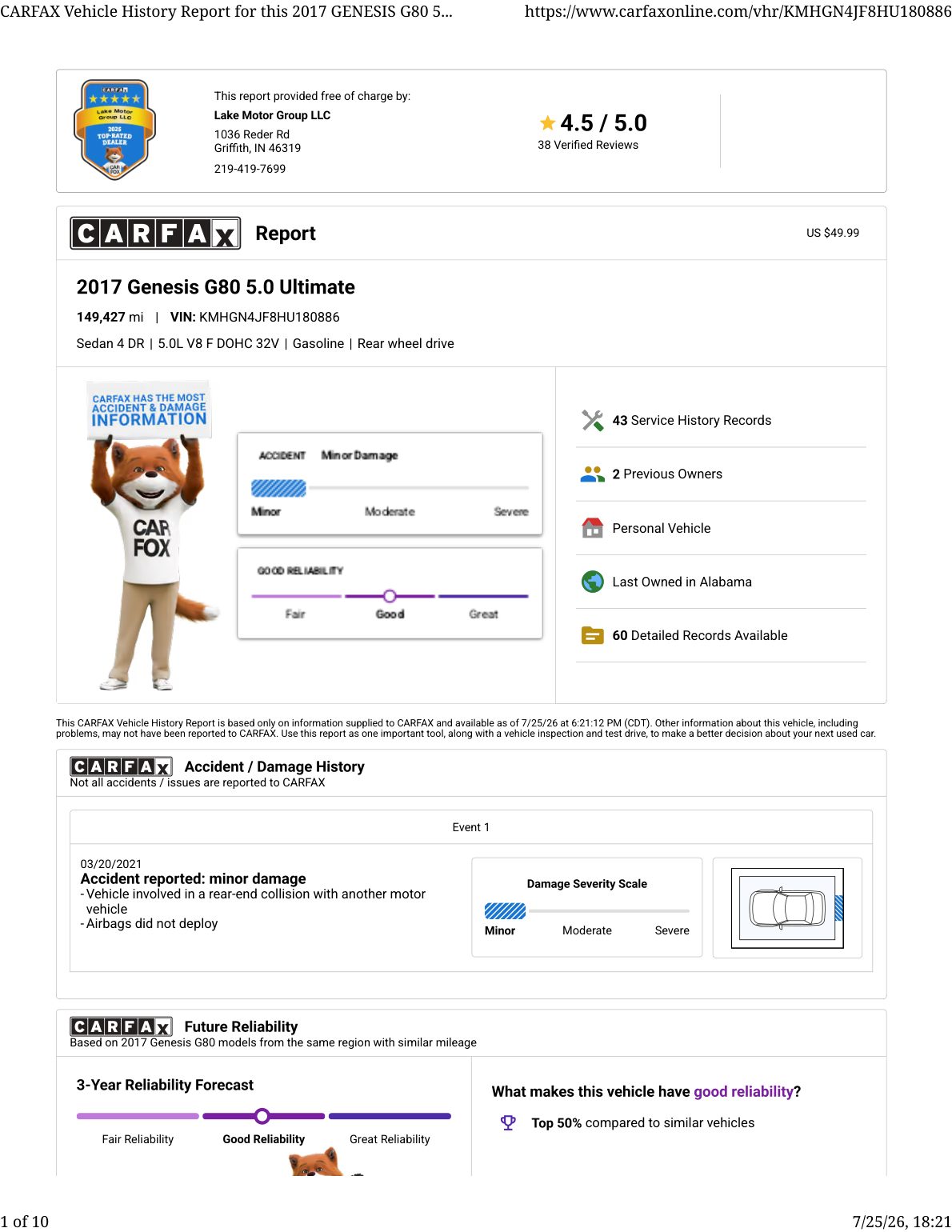 CARFAX vehicle history report — first page