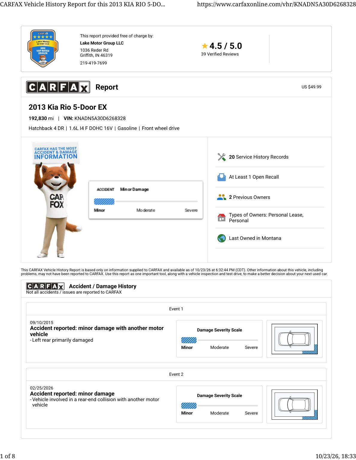 CARFAX vehicle history report — first page
