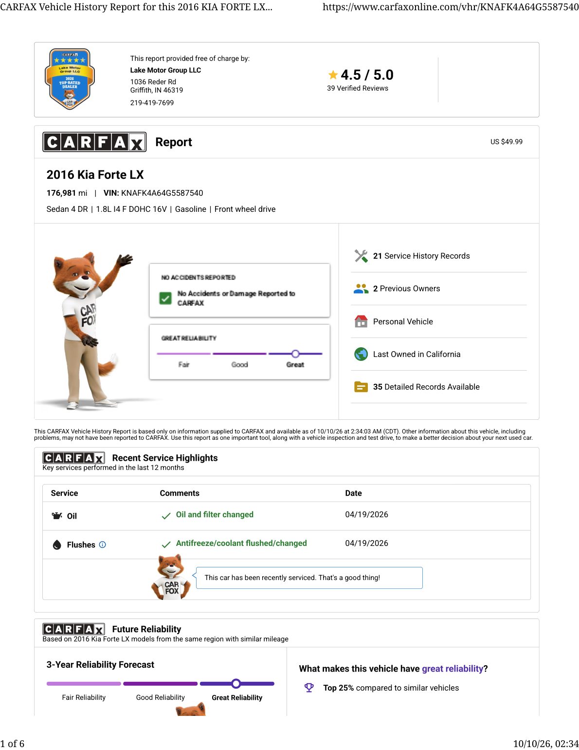CARFAX vehicle history report — first page