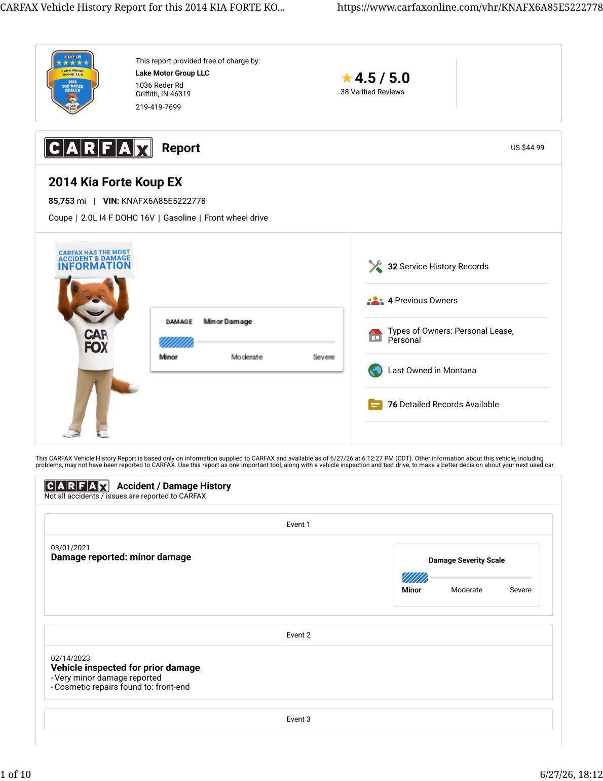 CARFAX vehicle history report — first page