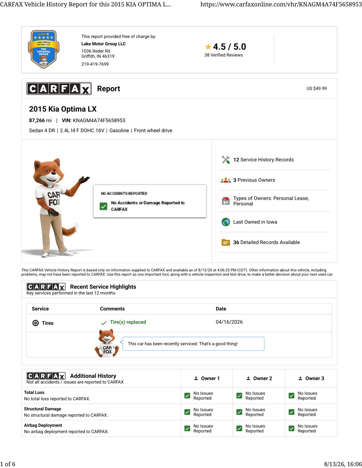 CARFAX vehicle history report — first page