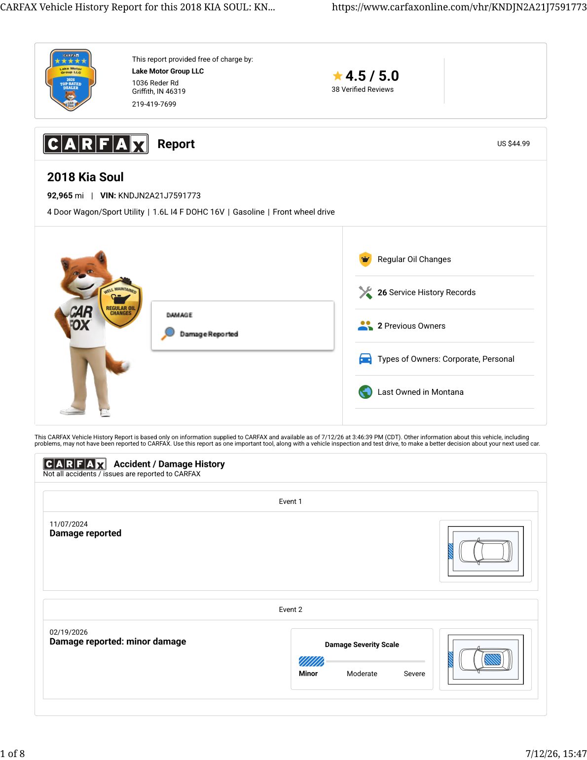 CARFAX vehicle history report — first page
