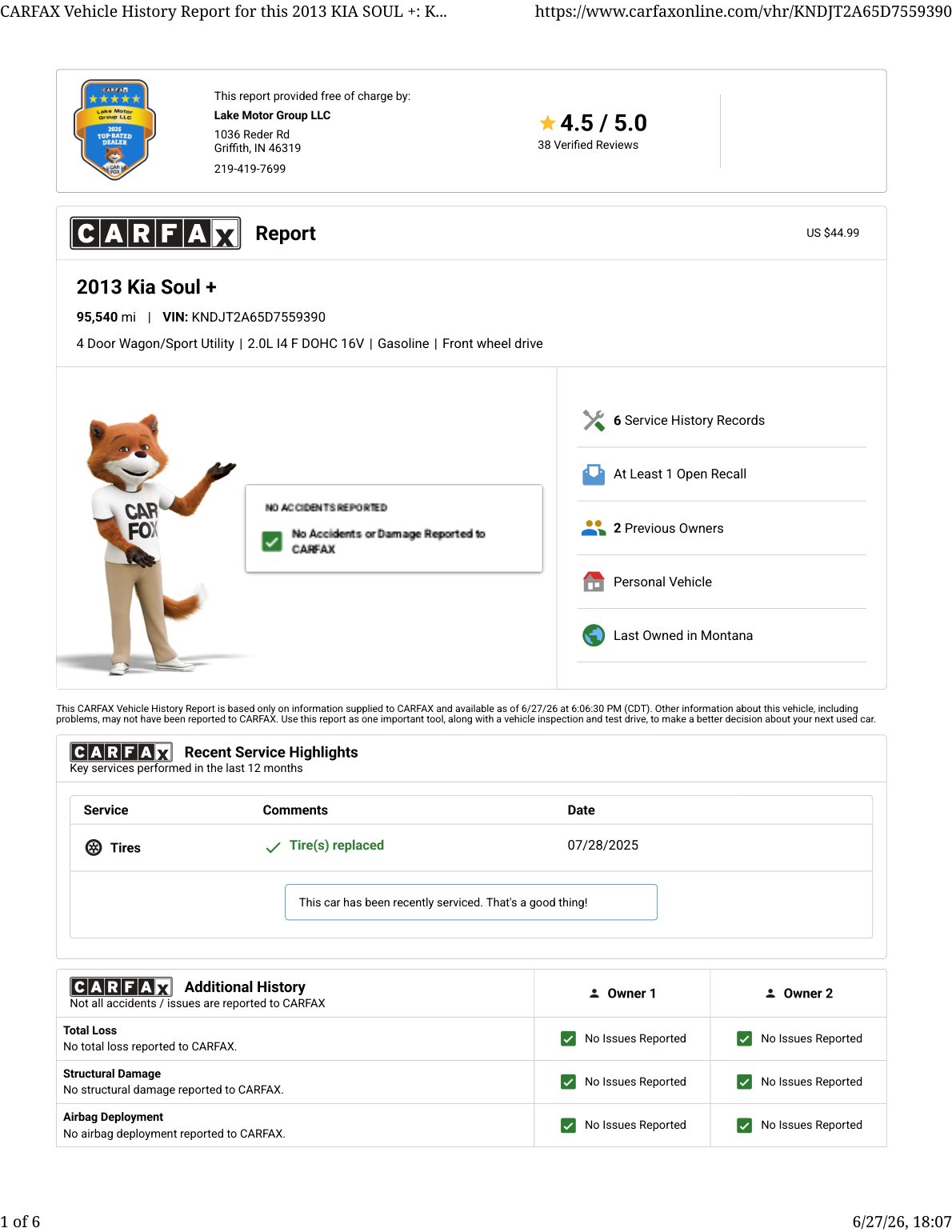 CARFAX vehicle history report — first page