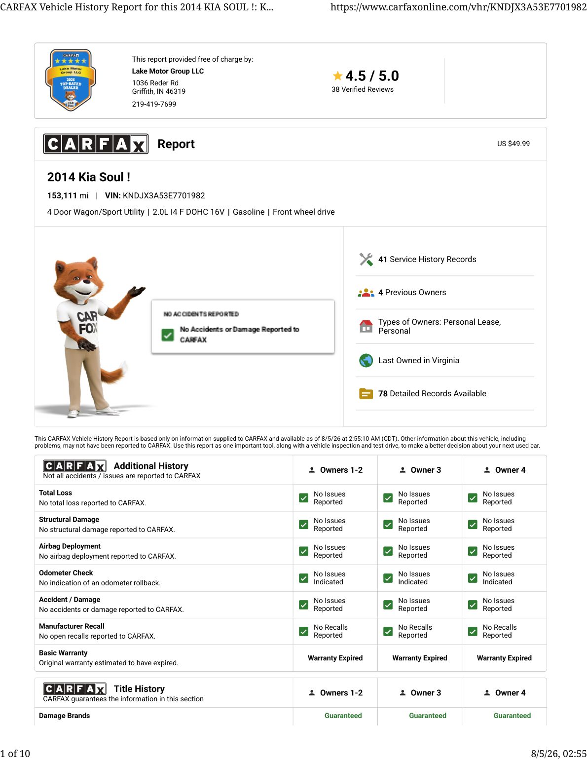 CARFAX vehicle history report — first page