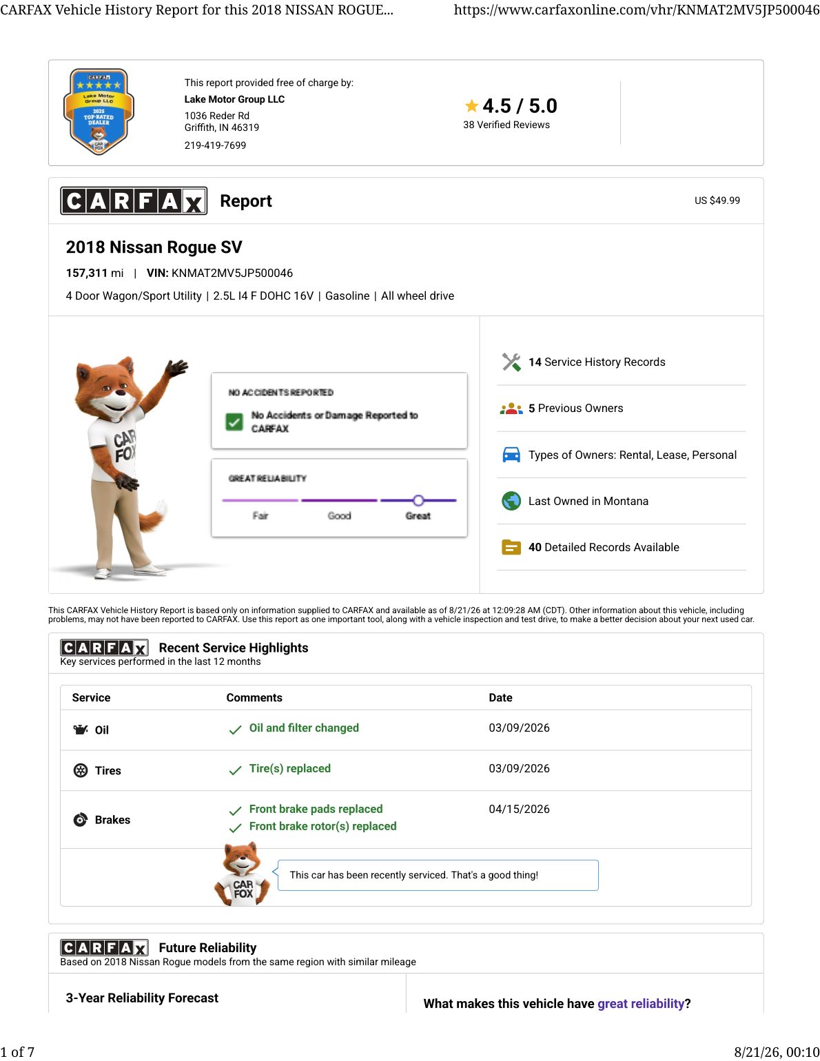 CARFAX vehicle history report — first page