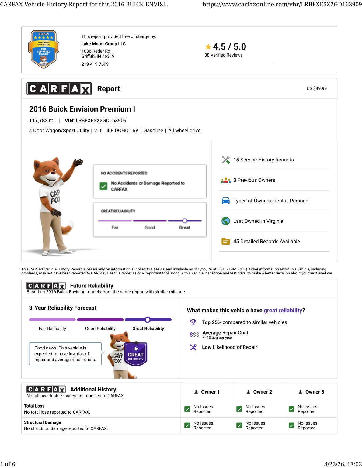 CARFAX vehicle history report — first page