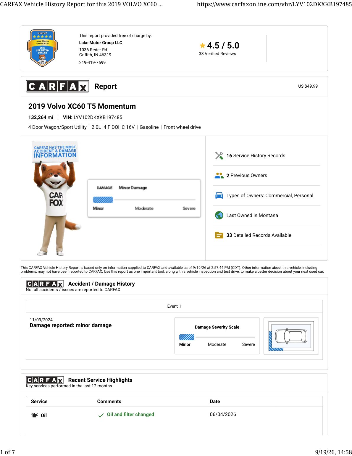 CARFAX vehicle history report — first page