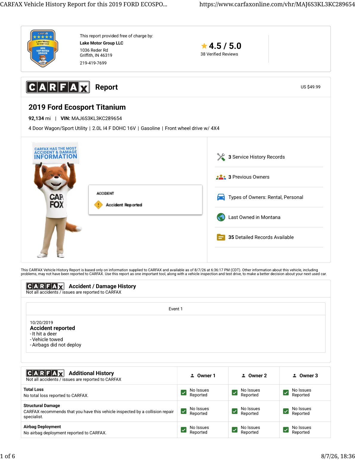 CARFAX vehicle history report — first page