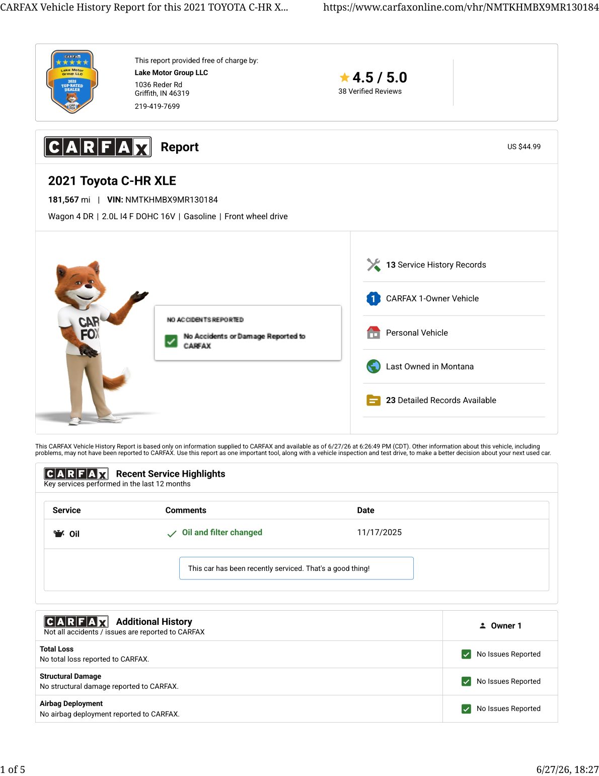 CARFAX vehicle history report — first page