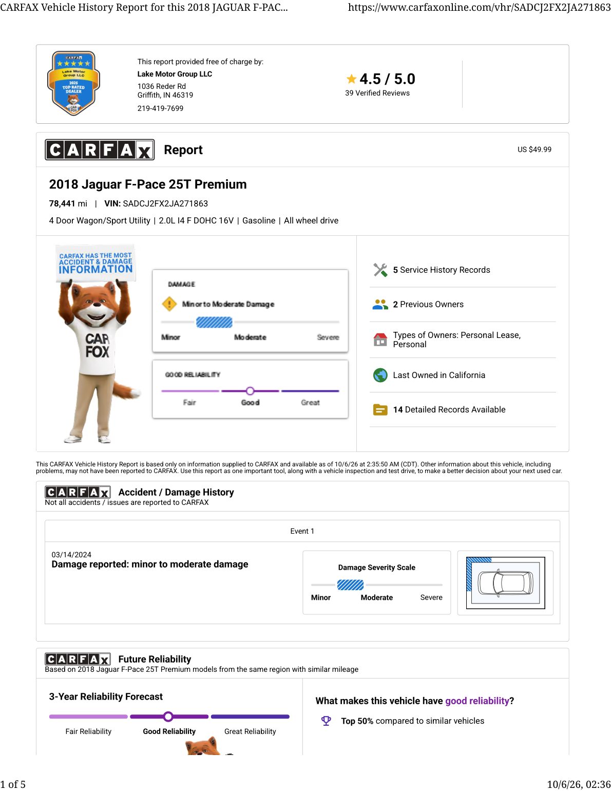 CARFAX vehicle history report — first page