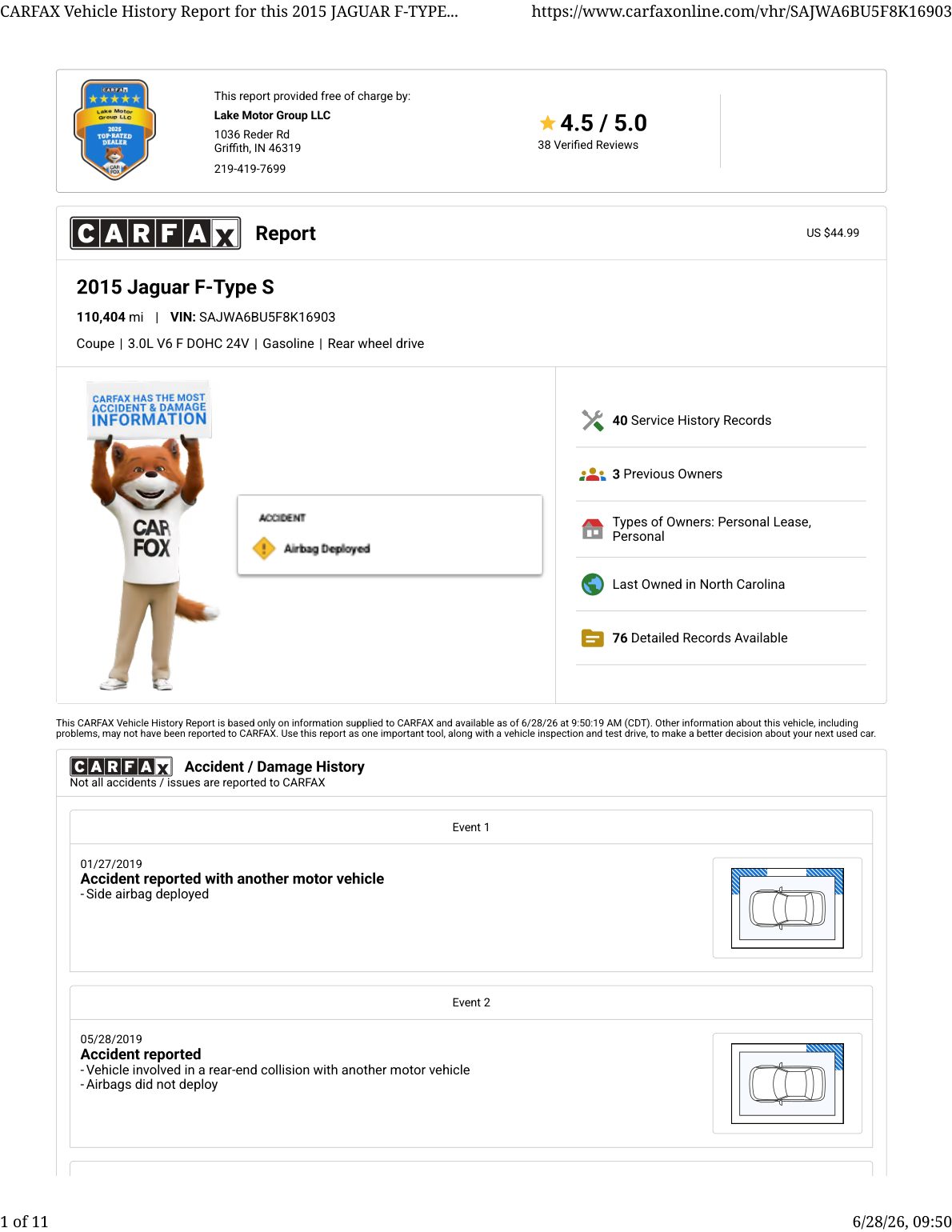 CARFAX vehicle history report — first page