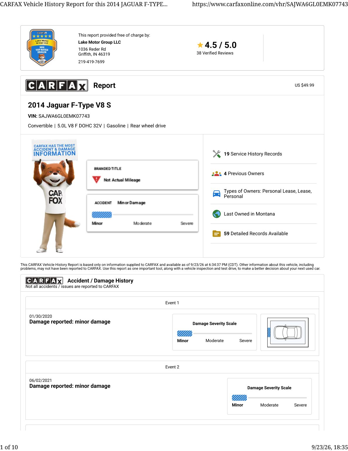 CARFAX vehicle history report — first page