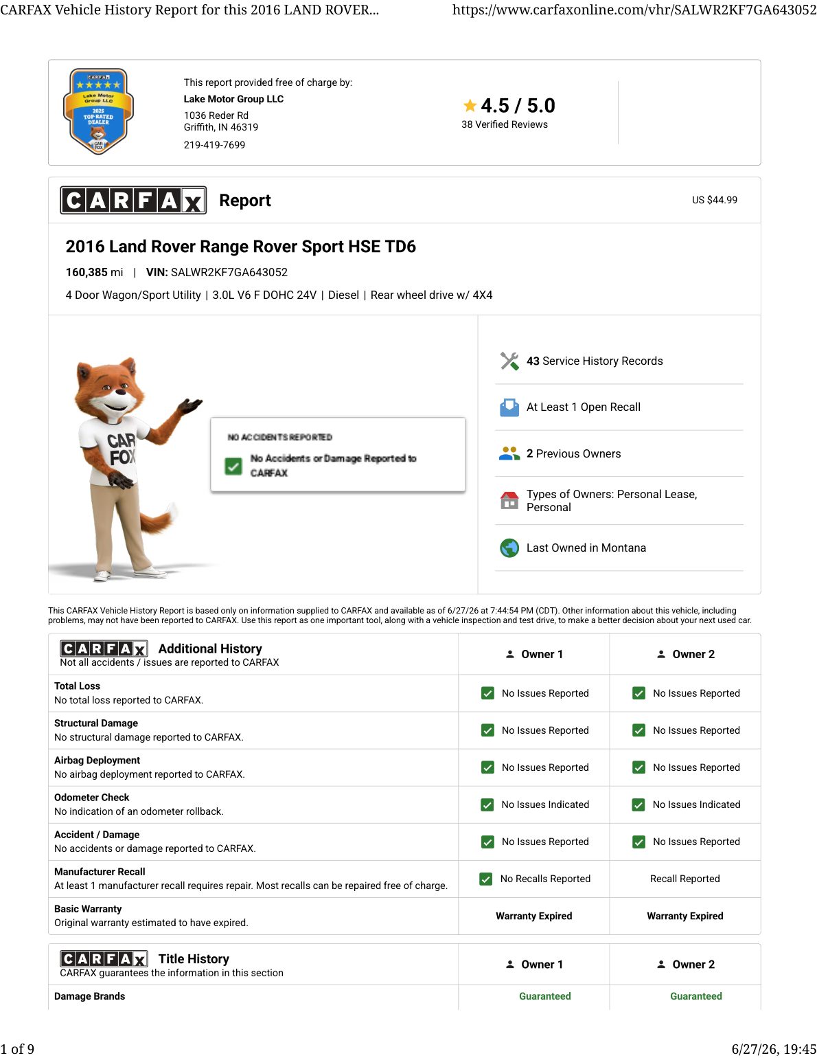 CARFAX vehicle history report — first page