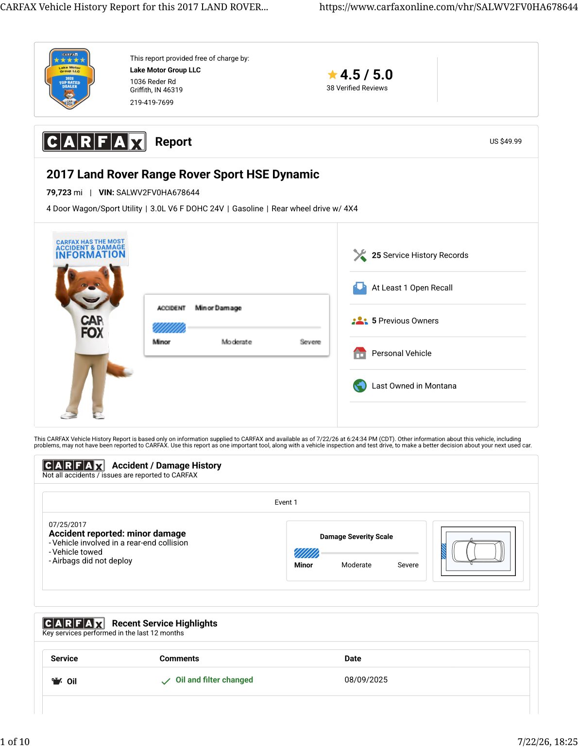 CARFAX vehicle history report — first page