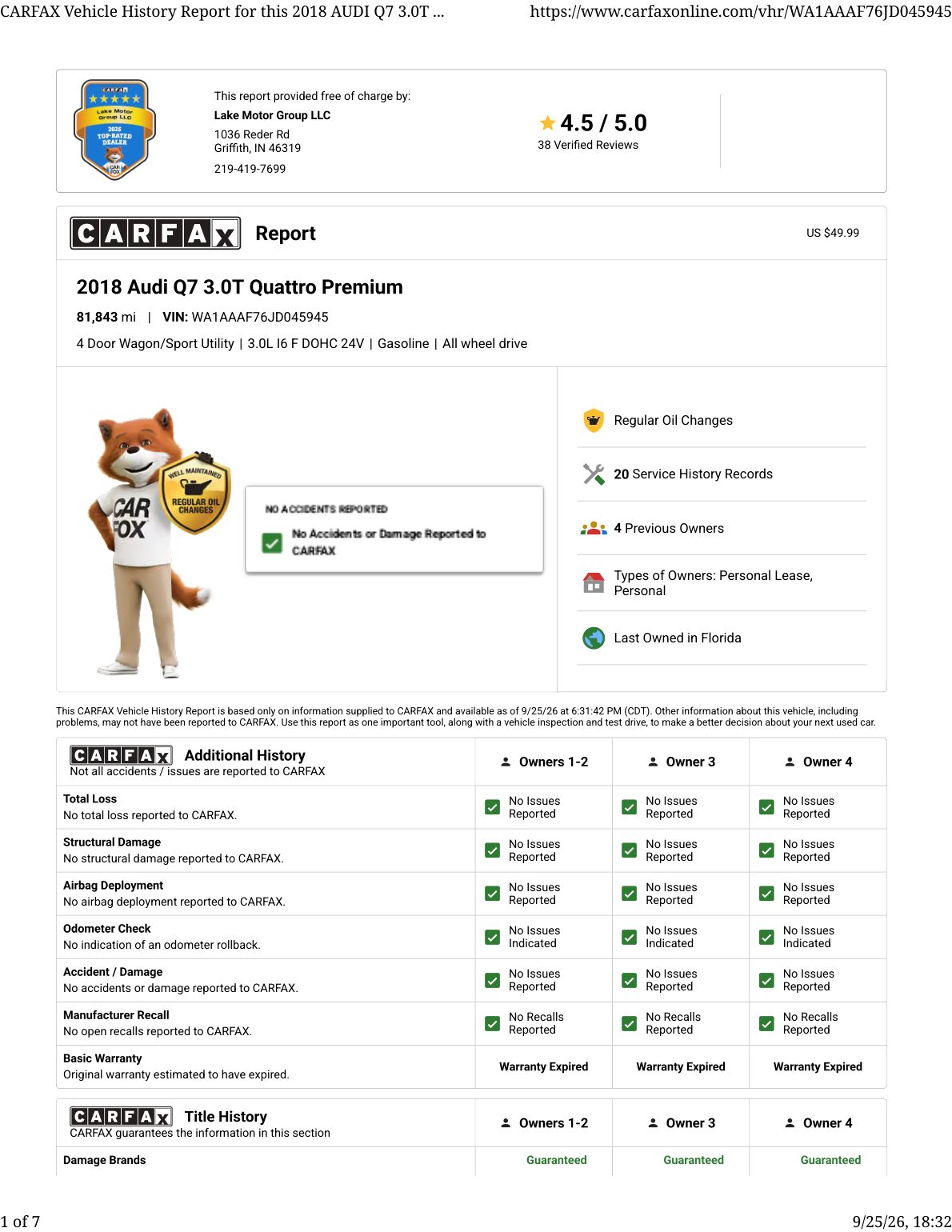 CARFAX vehicle history report — first page