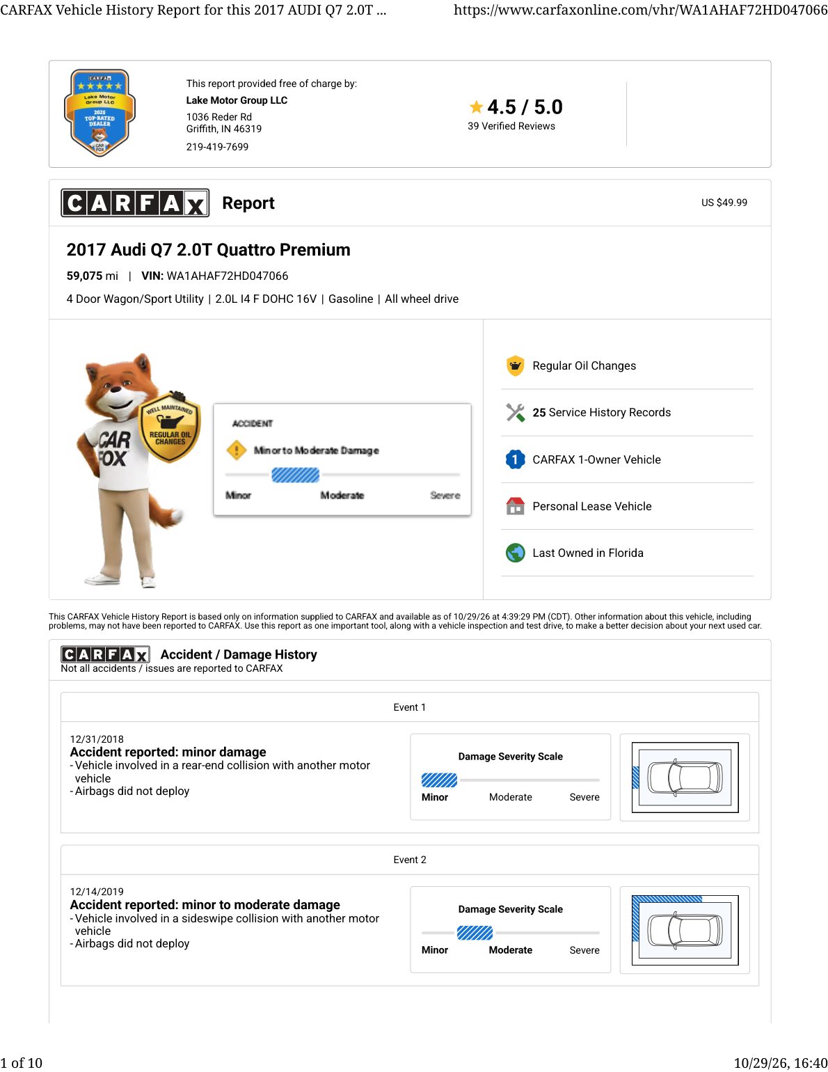 CARFAX vehicle history report — first page