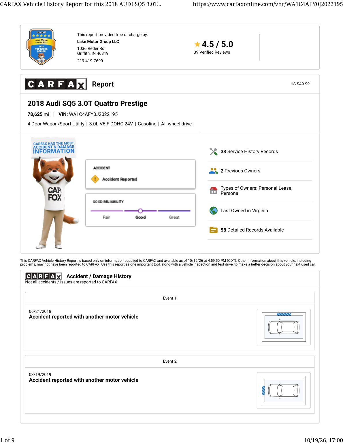 CARFAX vehicle history report — first page