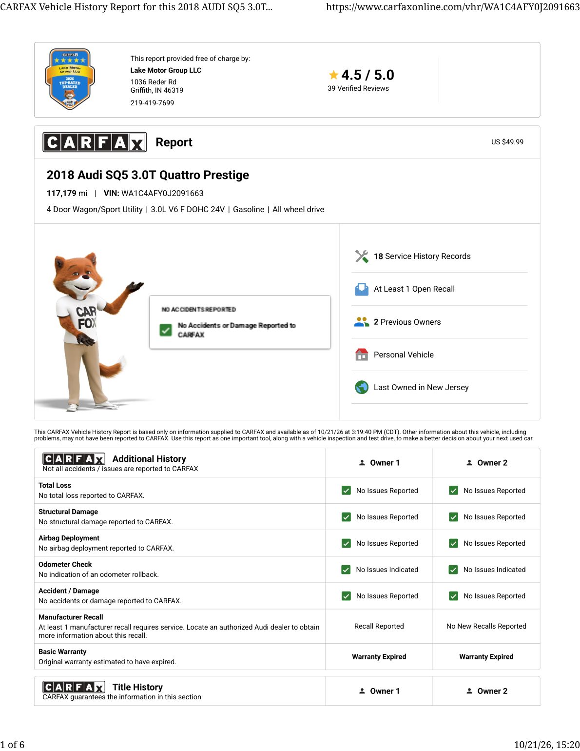 CARFAX vehicle history report — first page