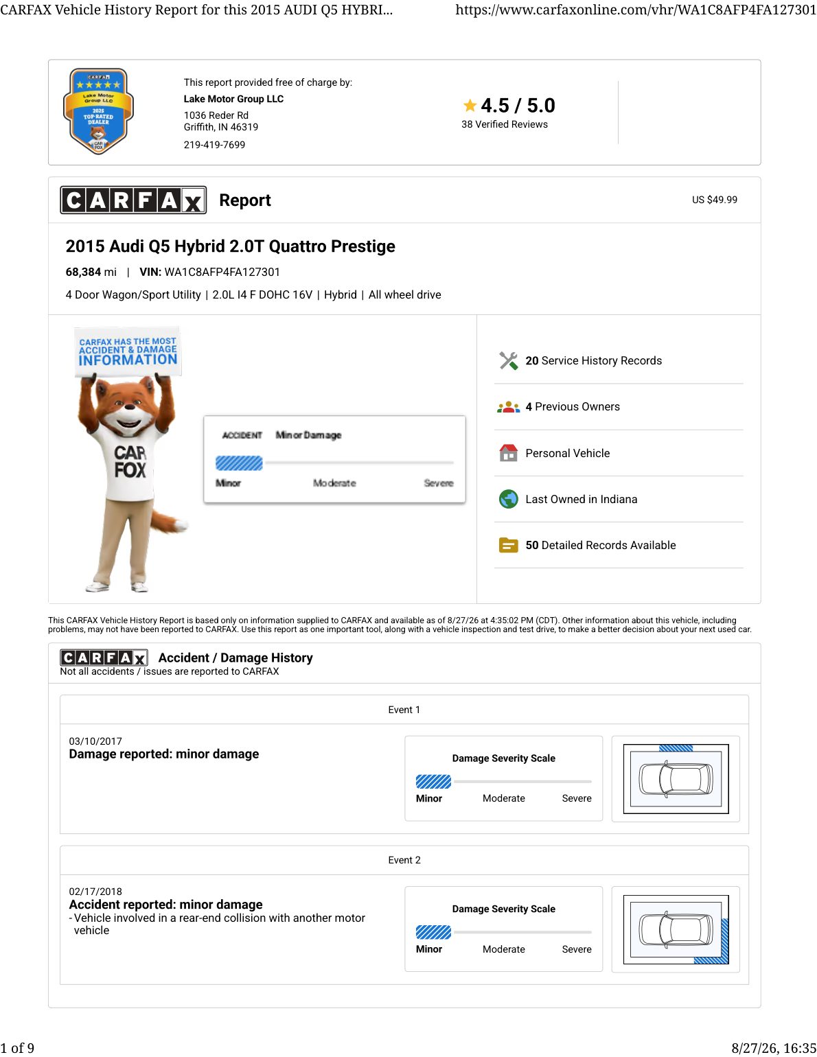 CARFAX vehicle history report — first page