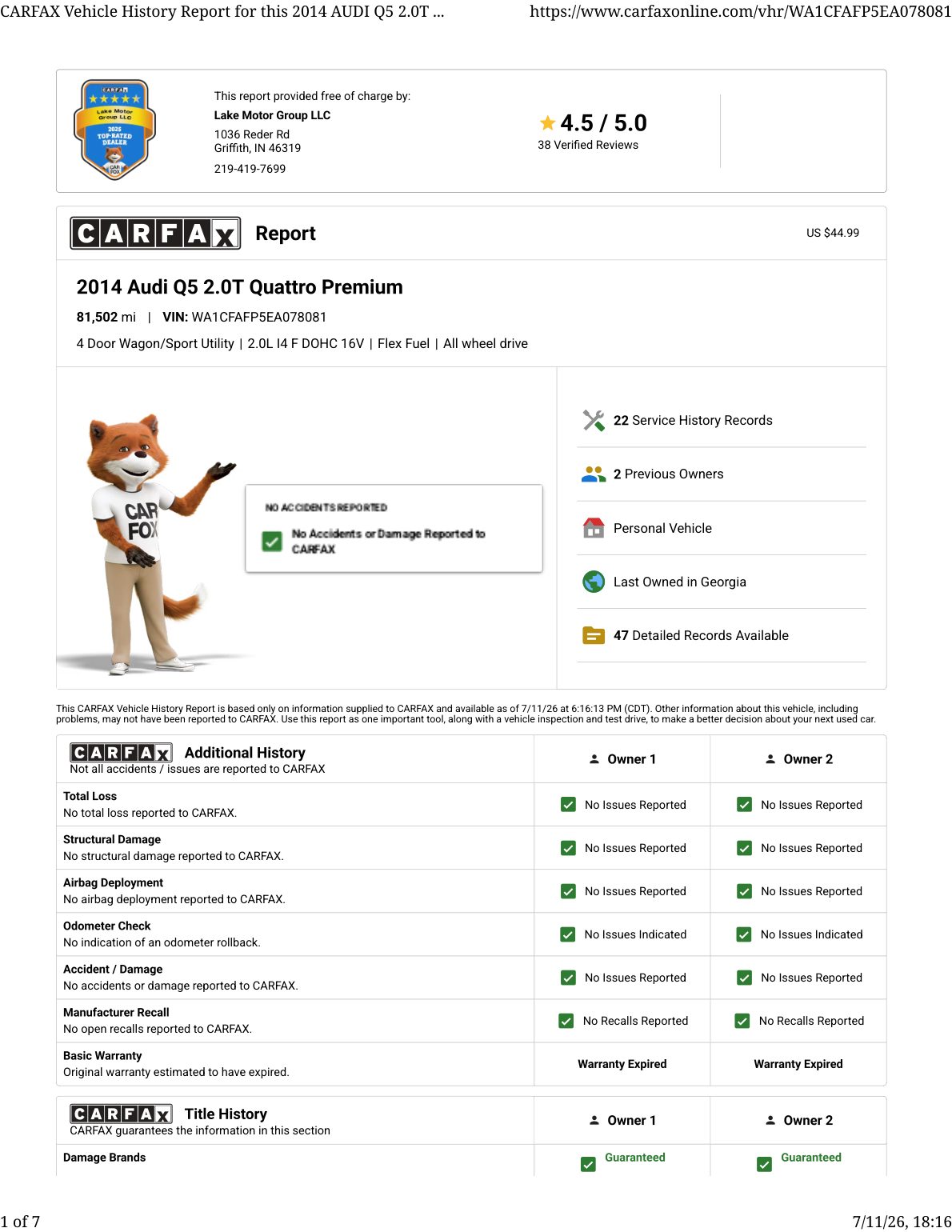 CARFAX vehicle history report — first page