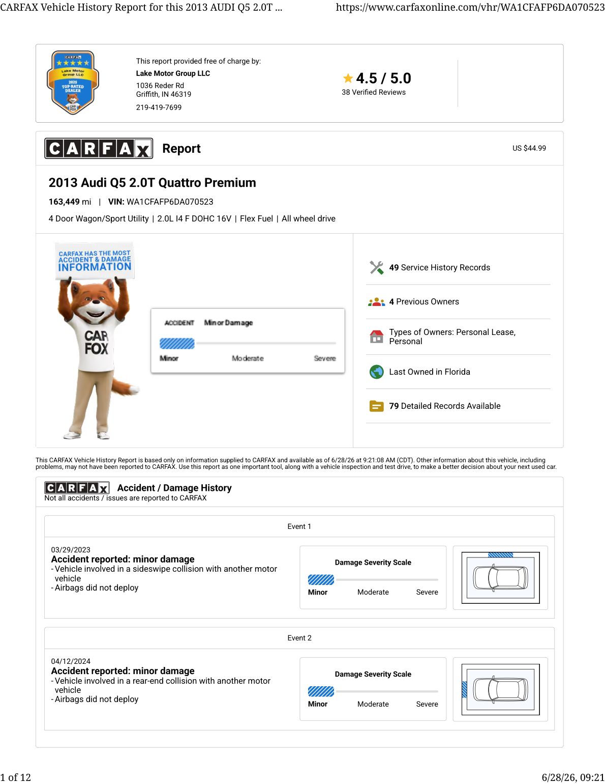 CARFAX vehicle history report — first page