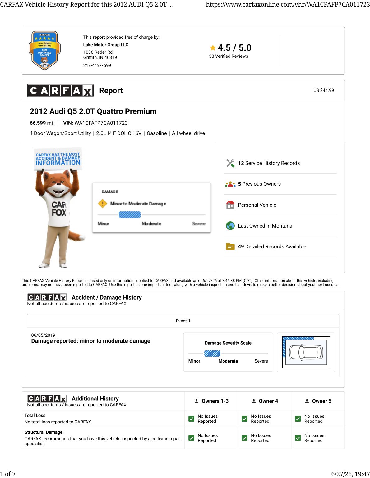 CARFAX vehicle history report — first page
