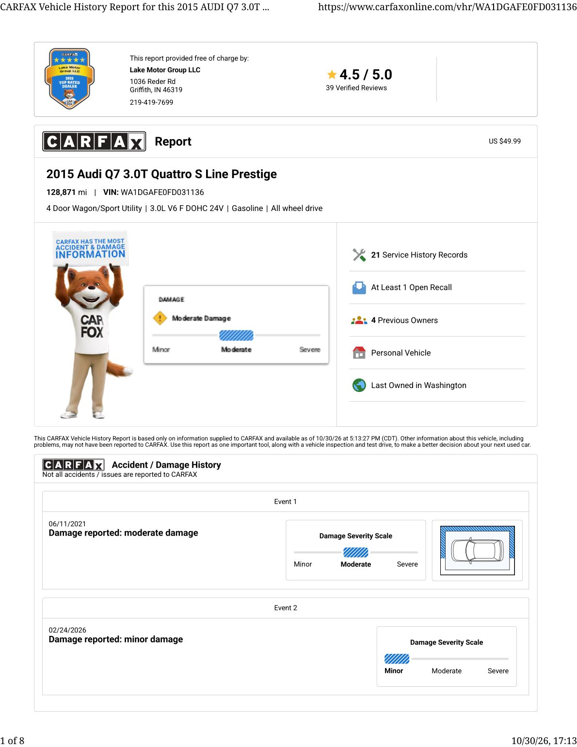 CARFAX vehicle history report — first page
