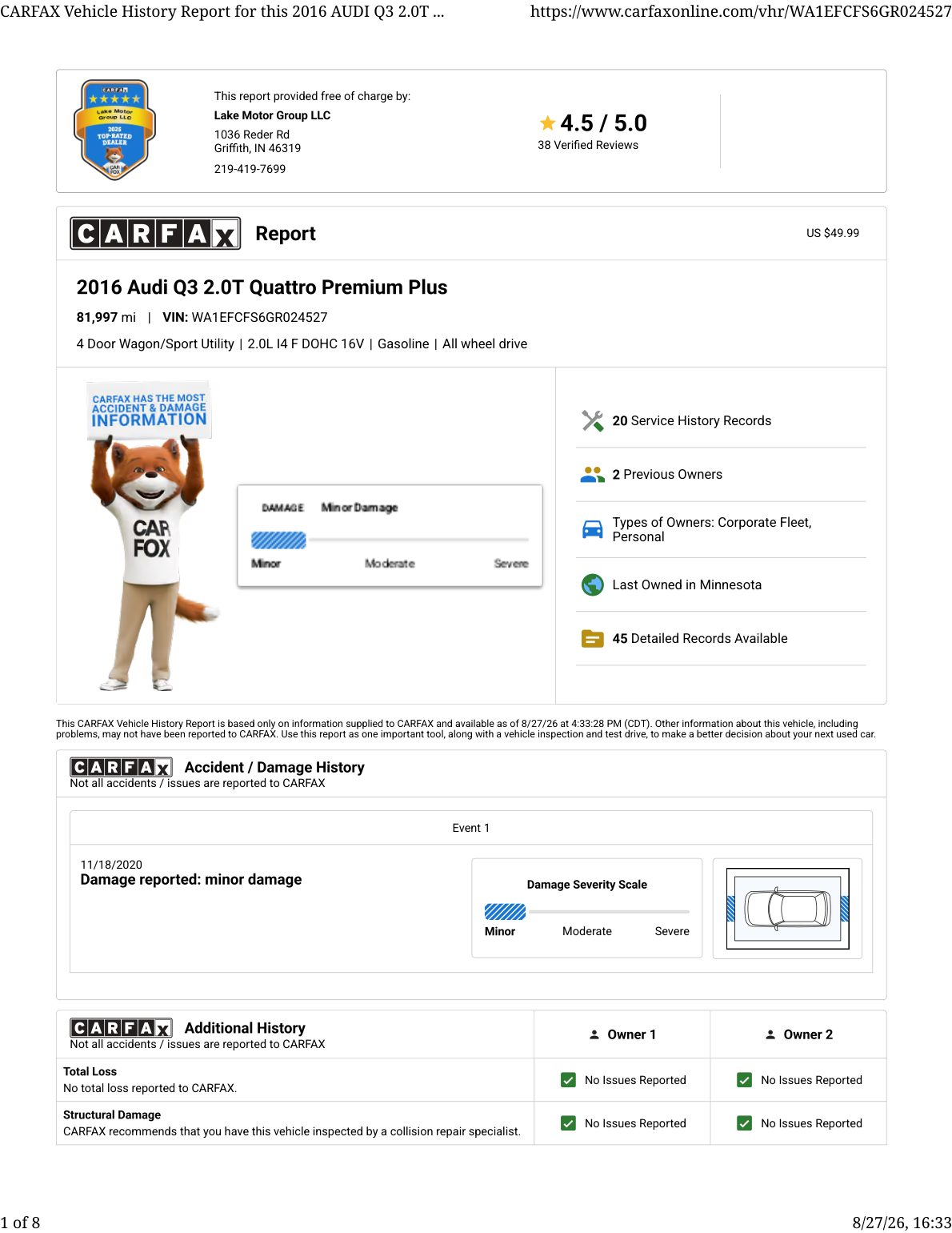 CARFAX vehicle history report — first page