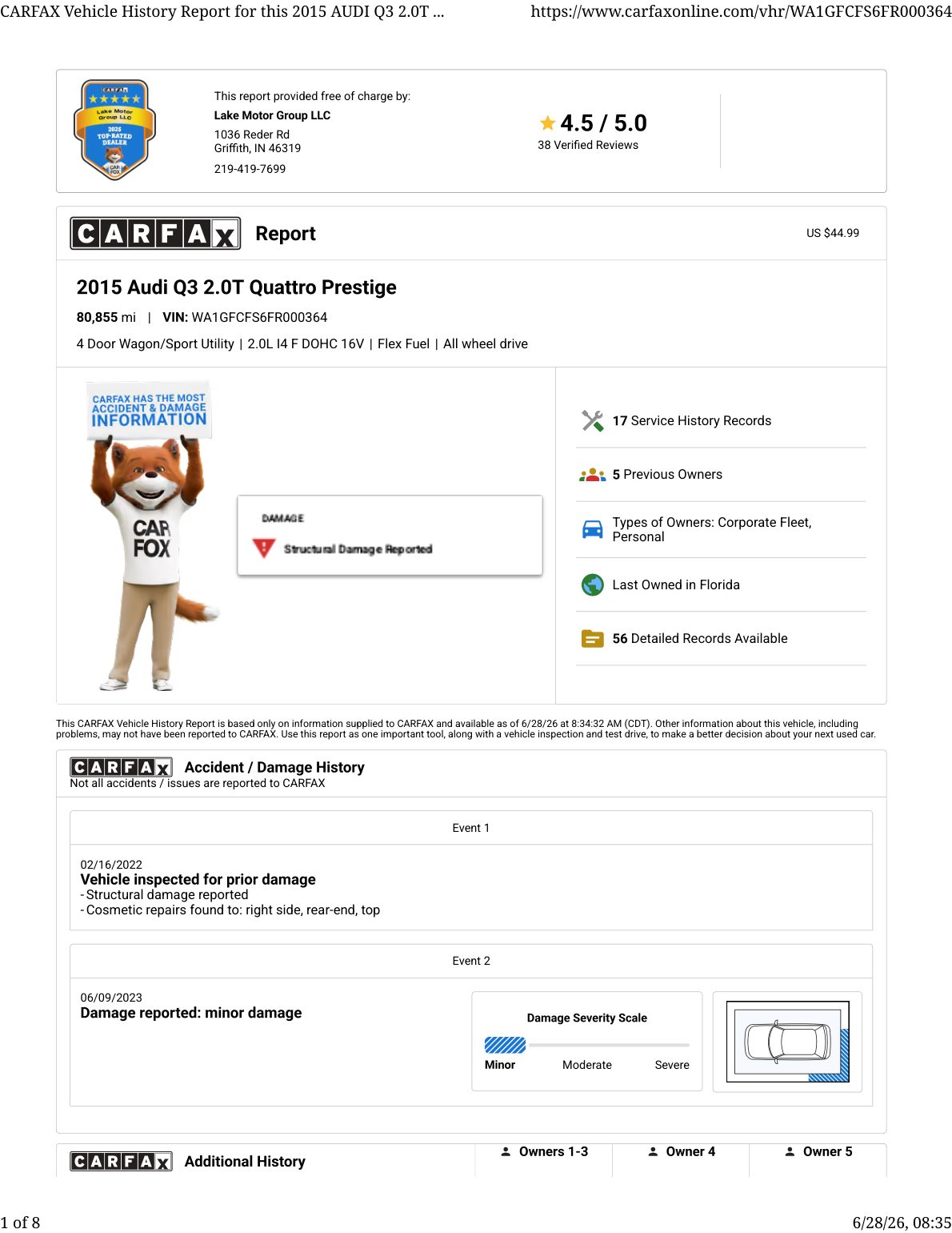CARFAX vehicle history report — first page