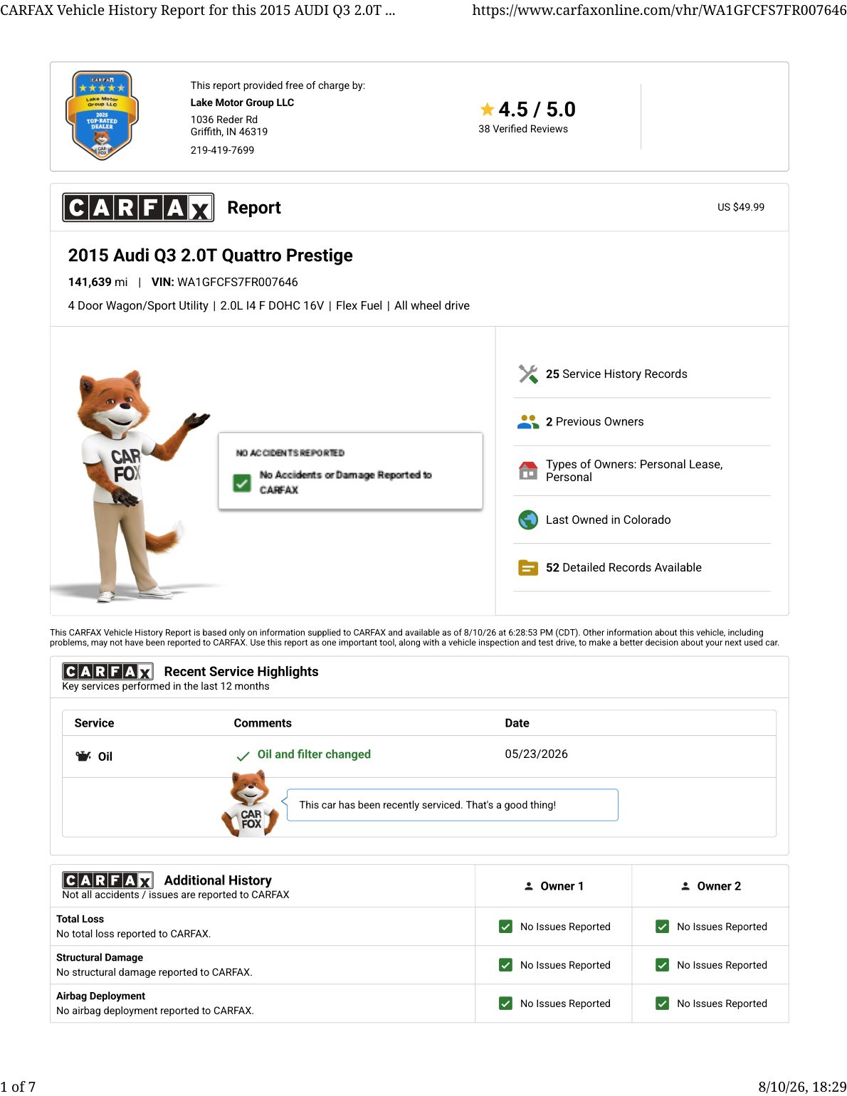 CARFAX vehicle history report — first page
