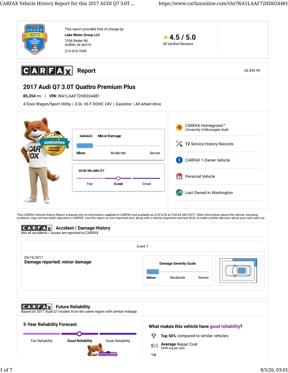 CARFAX vehicle history report — first page