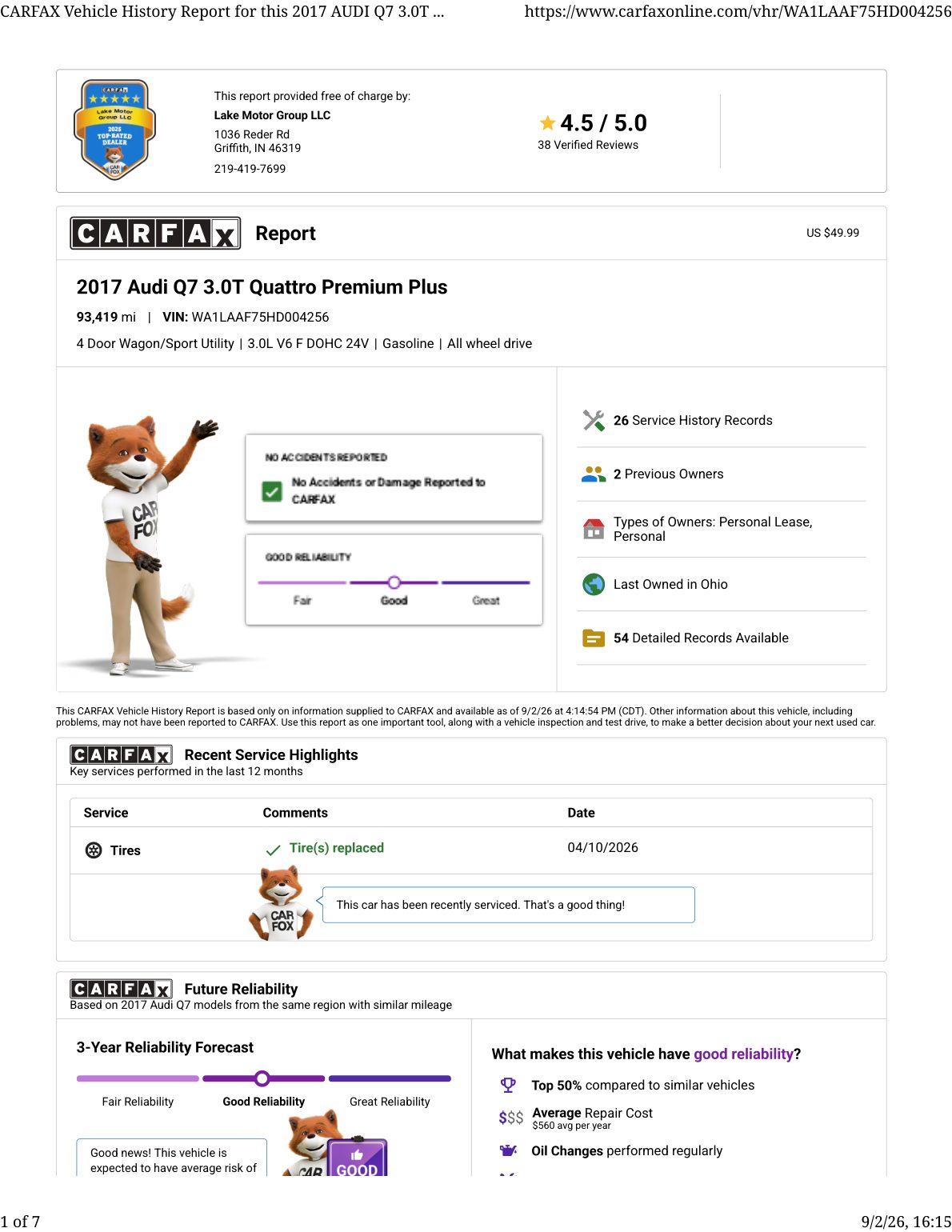 CARFAX vehicle history report — first page