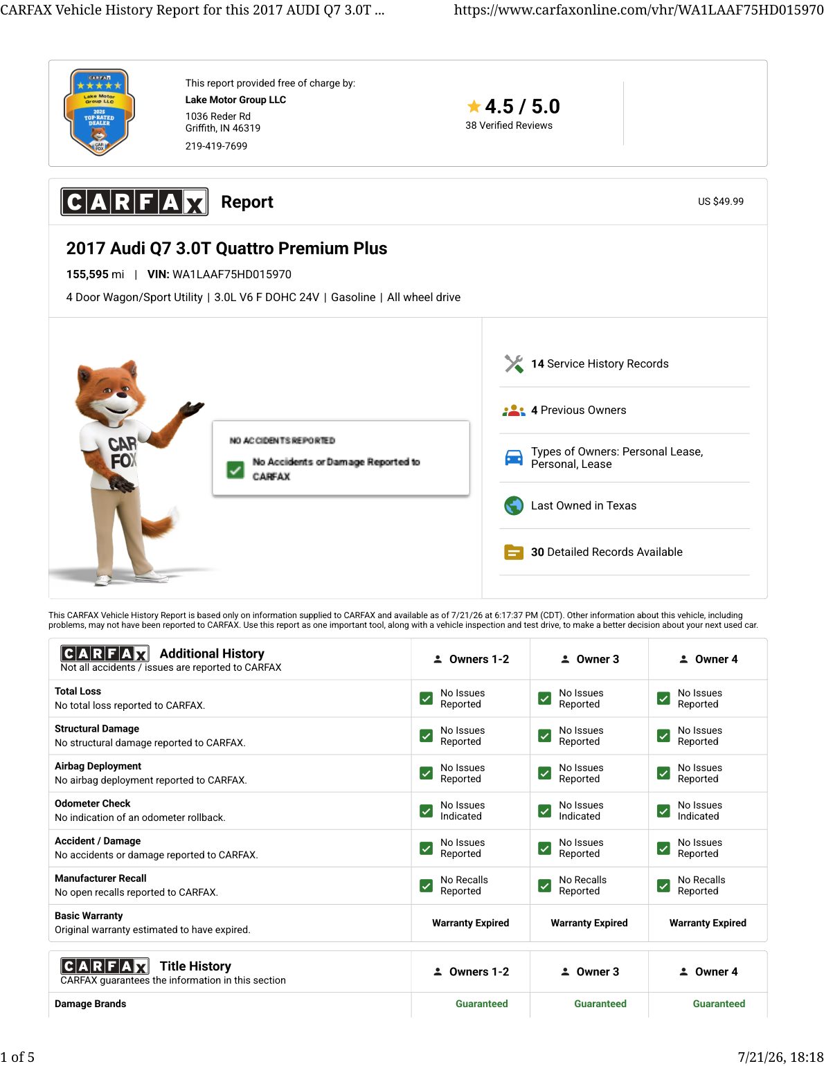 CARFAX vehicle history report — first page