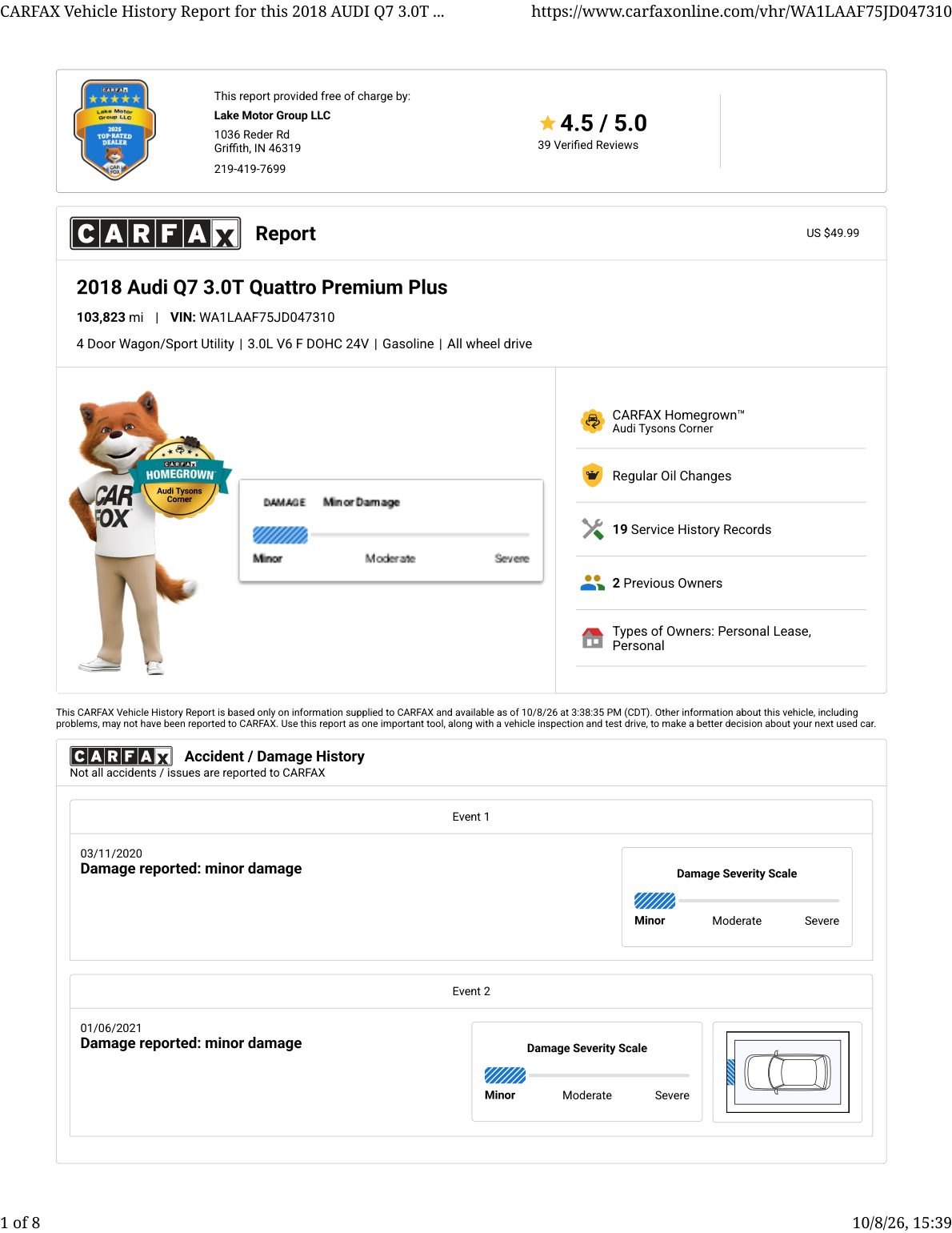 CARFAX vehicle history report — first page