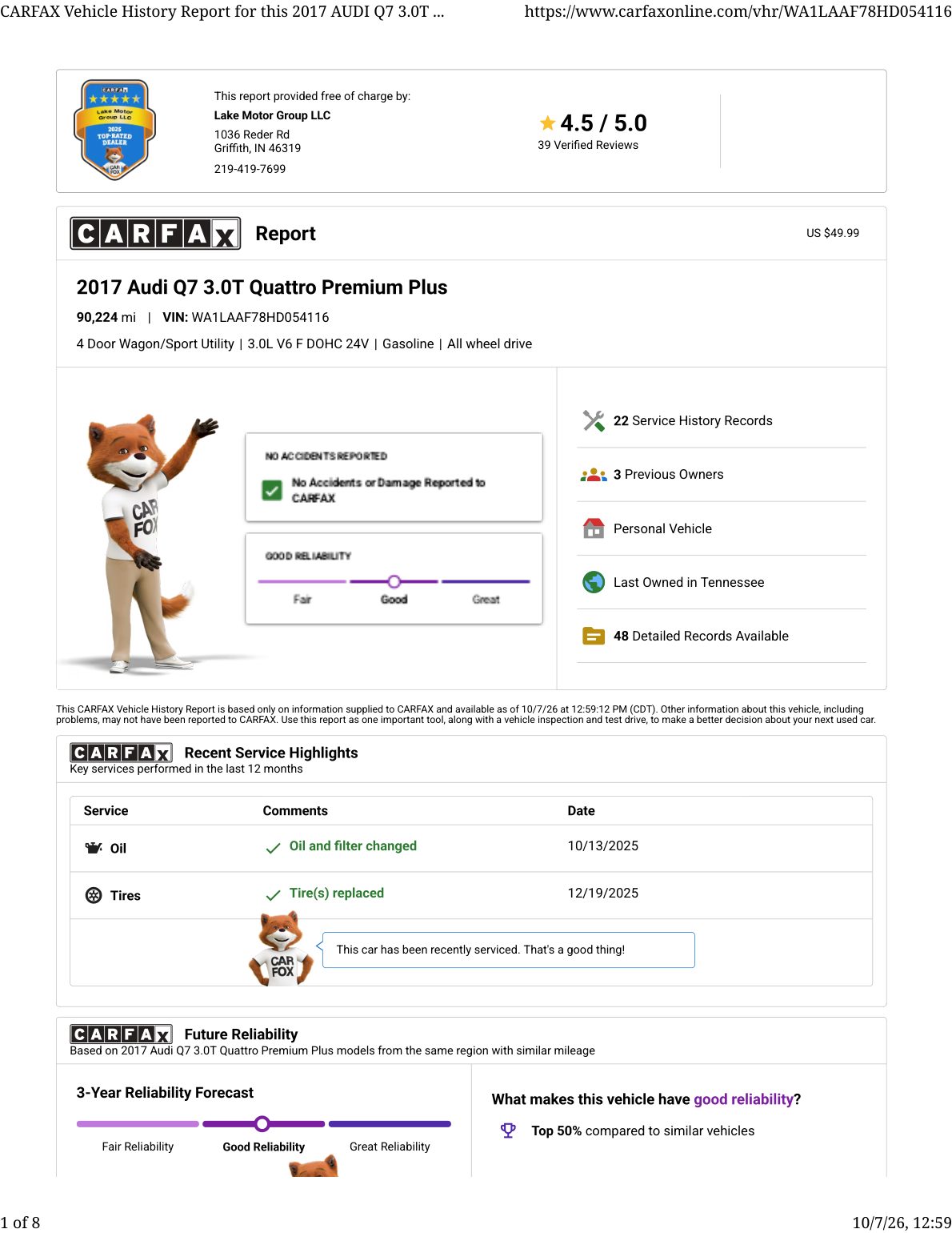CARFAX vehicle history report — first page