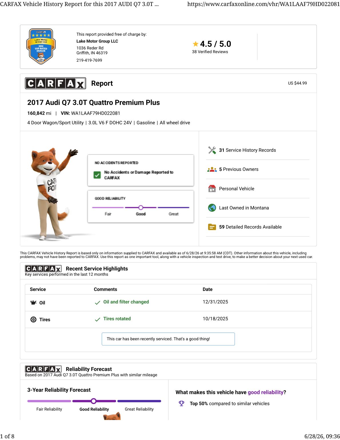 CARFAX vehicle history report — first page