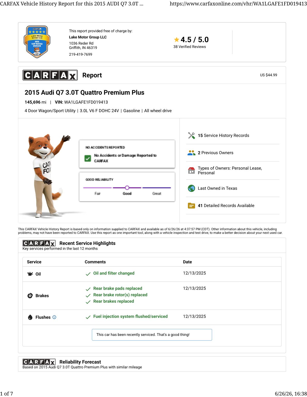 CARFAX vehicle history report — first page