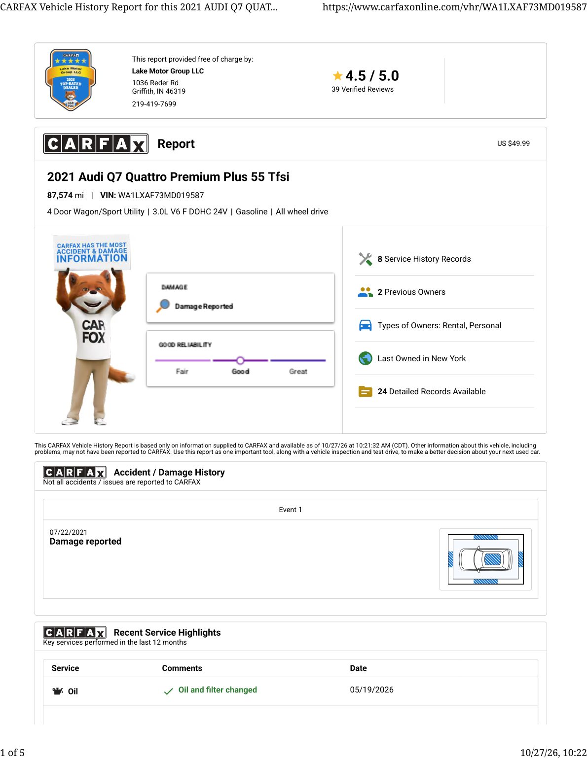 CARFAX vehicle history report — first page