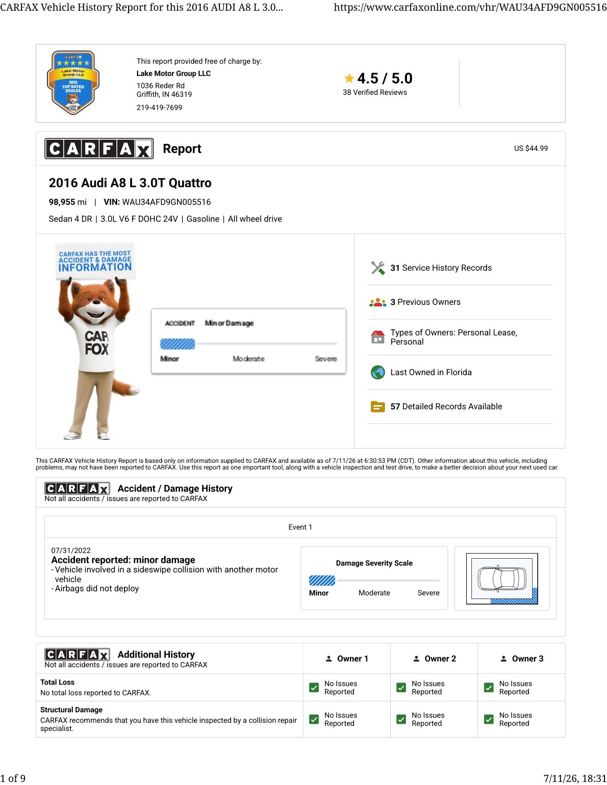 CARFAX vehicle history report — first page