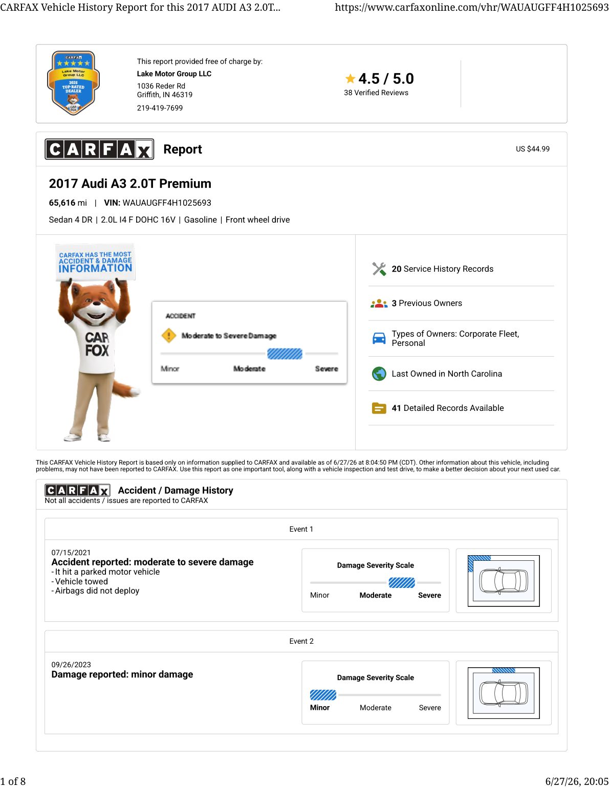 CARFAX vehicle history report — first page