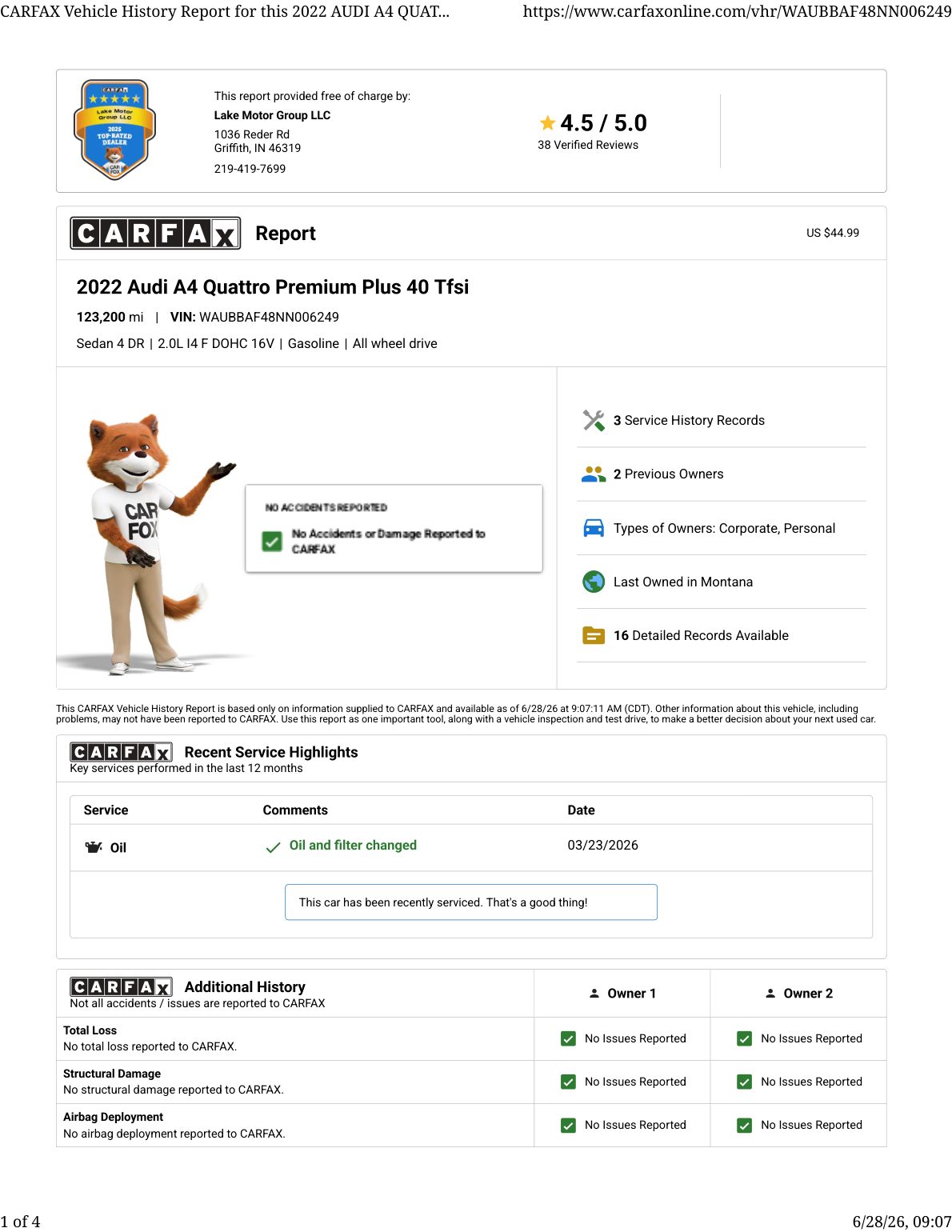 CARFAX vehicle history report — first page