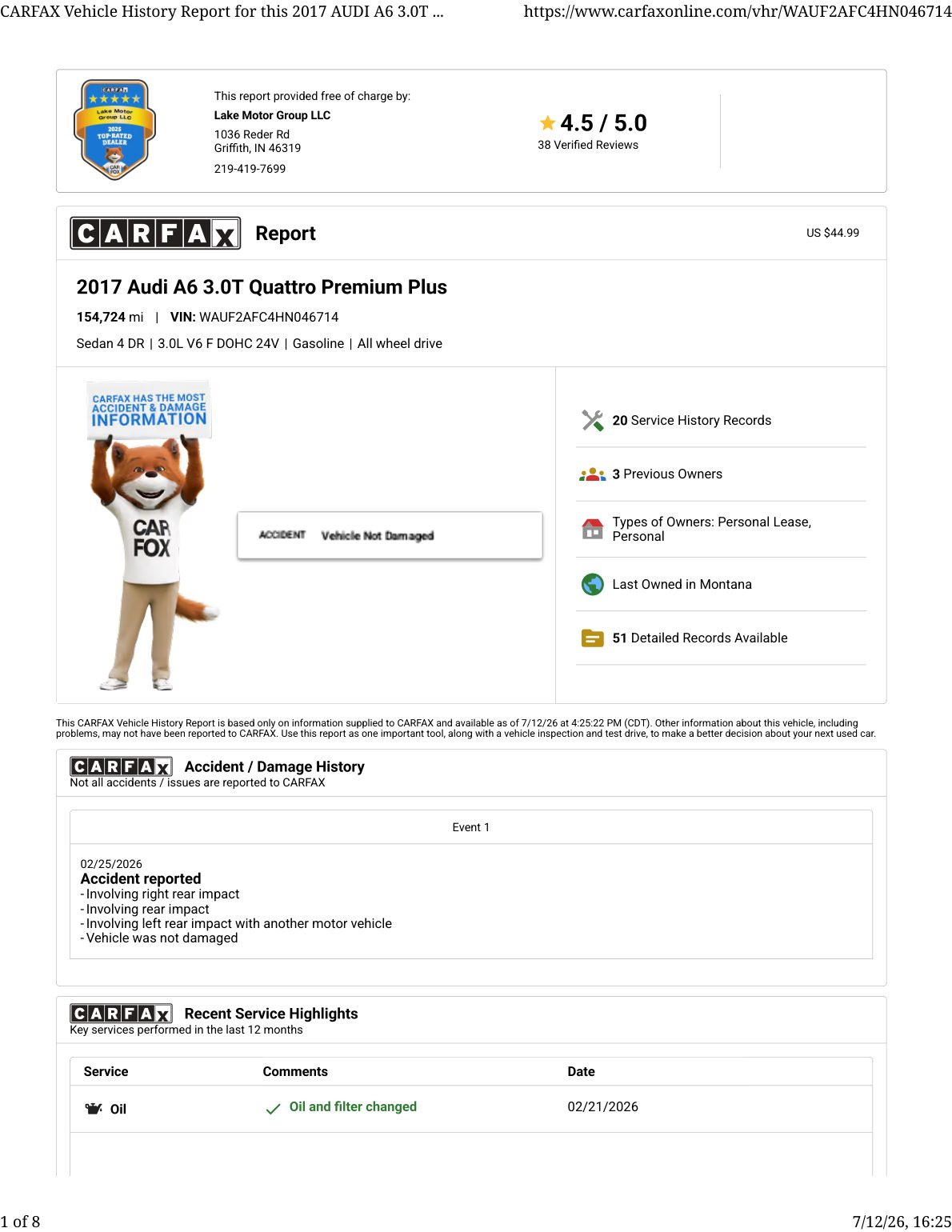 CARFAX vehicle history report — first page