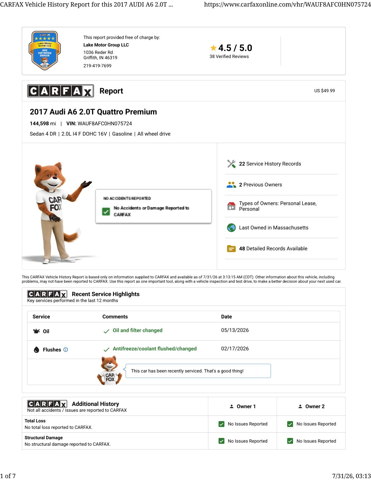CARFAX vehicle history report — first page